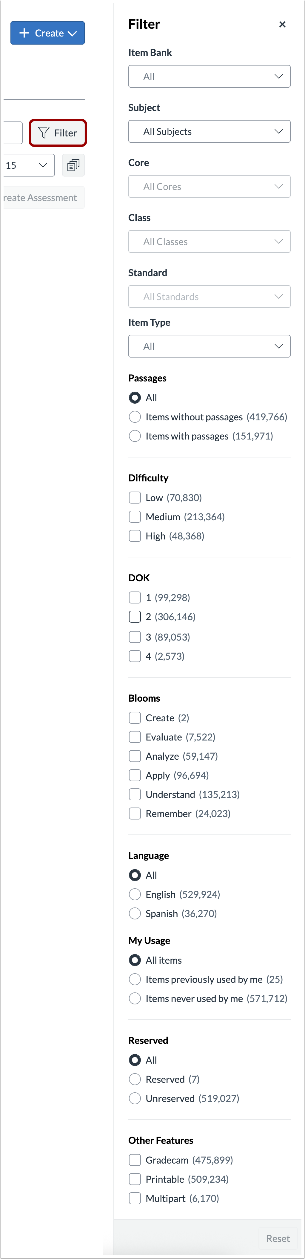 Items: Filter Options